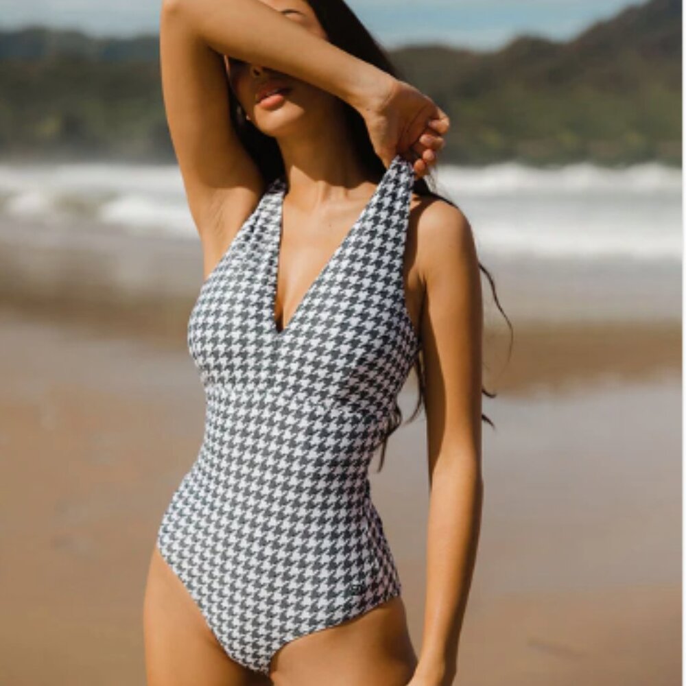Albion Black and White Houndstooth One-Piece Swimsuit